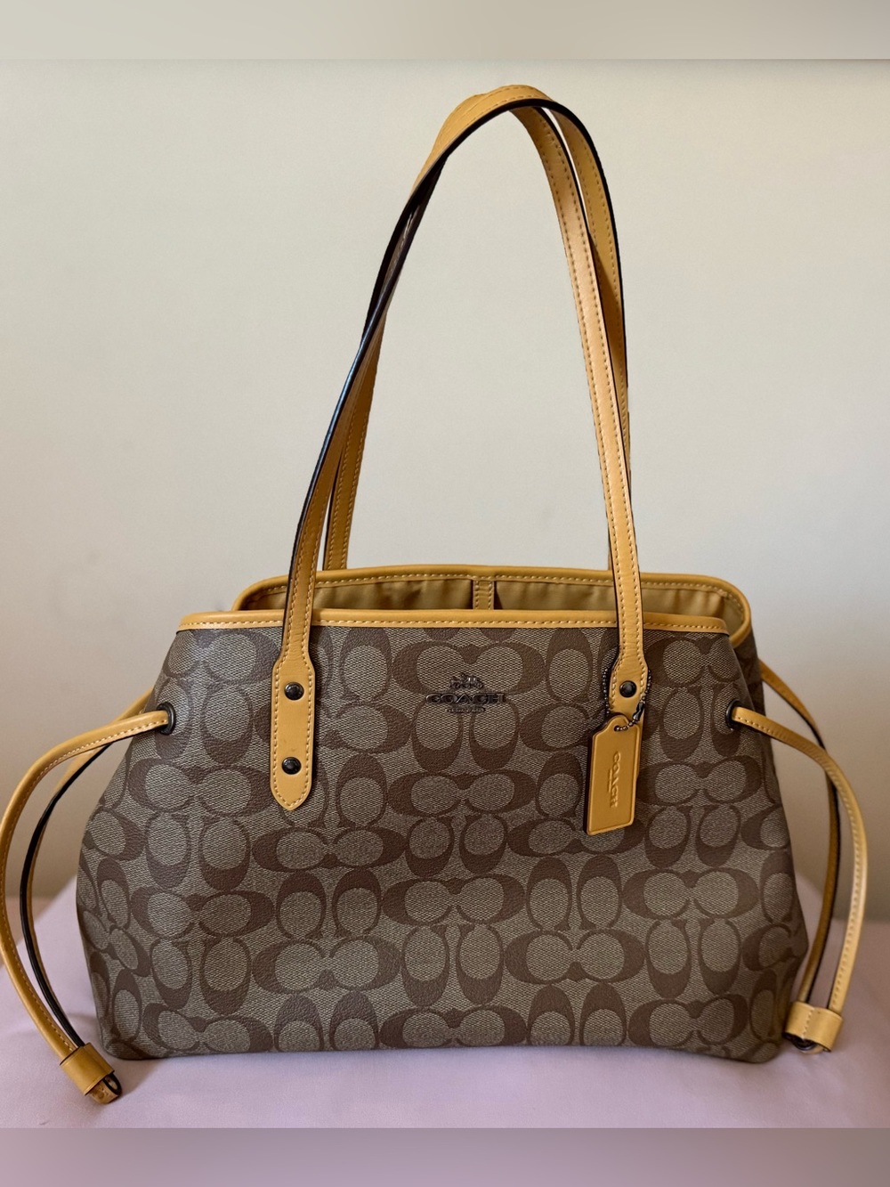 Coach Brown Signature Canvas Tote with Golden Yellow Trim